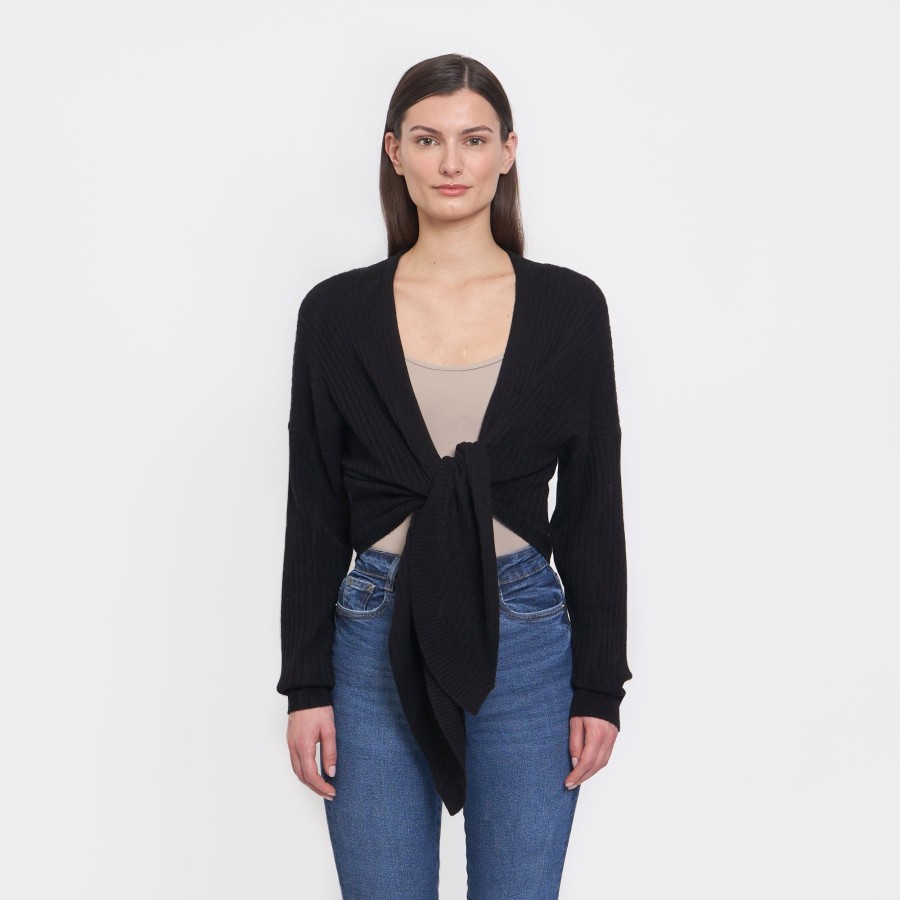 Autumn Cashmere Tie Front Rib Cardigan In Black | Cardigans