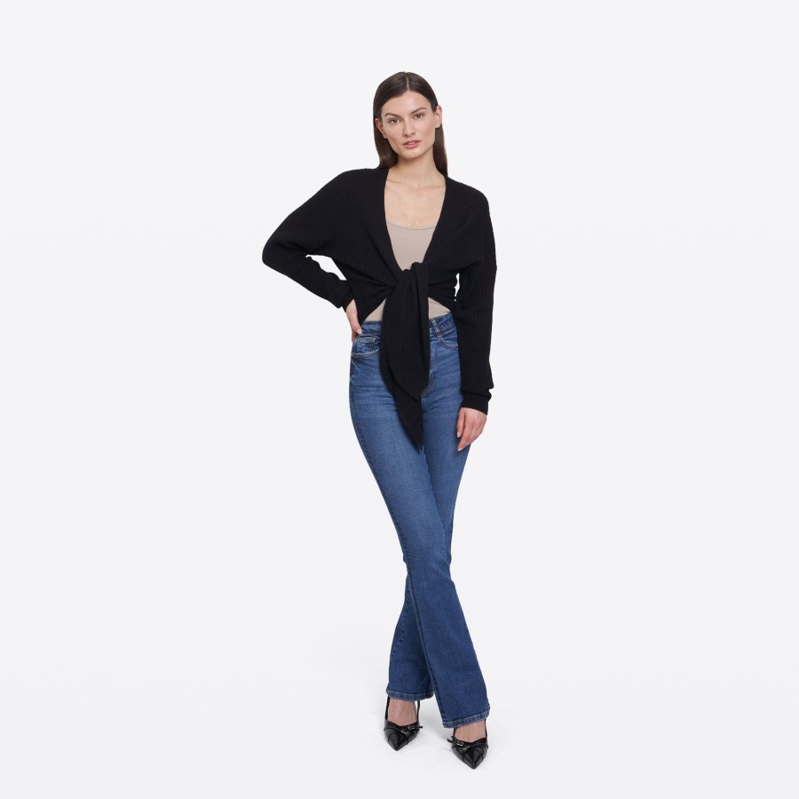 Autumn Cashmere Tie Front Rib Cardigan In Black | Cardigans