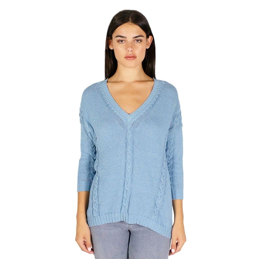 Autumn Cashmere Angled Cable V-Neck In Stonewash | Sweaters