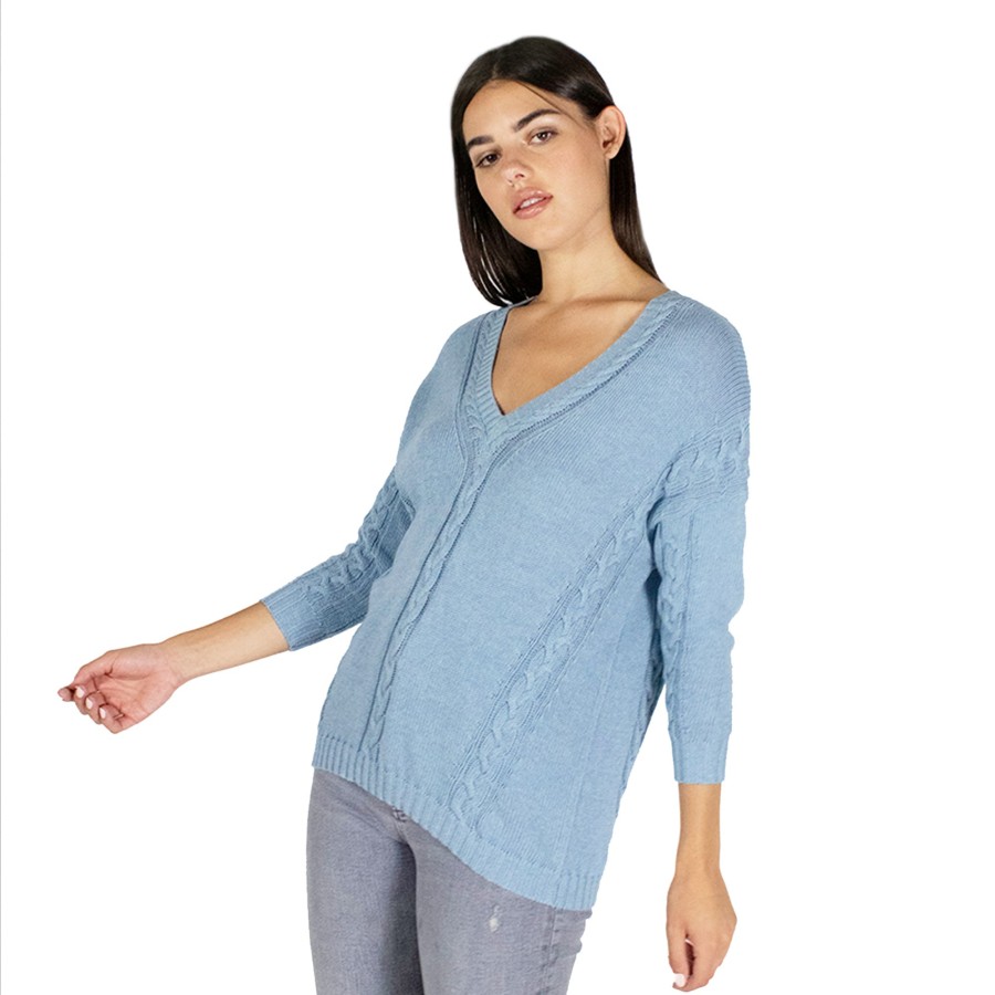 Autumn Cashmere Angled Cable V-Neck In Stonewash | Sweaters